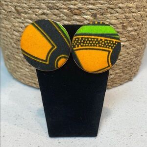 Beautiful African Cloth 1.5 Round Bold Orange & Green Fabric Button Earrings